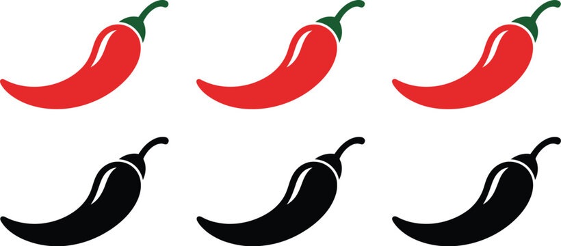 Red and black chili pepper icons set featuring spicy hot pepper silhouettes with stems for restaurant menu and spicy food flavoring design
