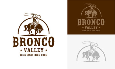 Vintage style bronco rider logos displayed in multiple variations and tones on a clean background from a straightforward viewpoint.