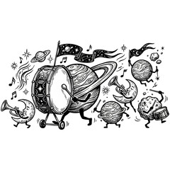 Whimsical celestial bodies playing musical instruments in space © MUHAMMAD