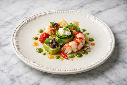 Gourmet-Meeresfr&uuml;chte-Vorspeise mit Kaisergranat, Zucchini, Kaviar und Kr&auml;uter&ouml;l