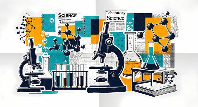 Retro science laboratory collage with microscopes test tubes molecular models and chemistry graphics in vintage halftone mixed media style for educational poster and STEM artwork