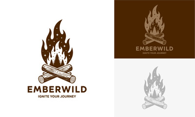 Emberwild logo design featuring flames and logs in various color schemes, symbolizing warmth and adventure