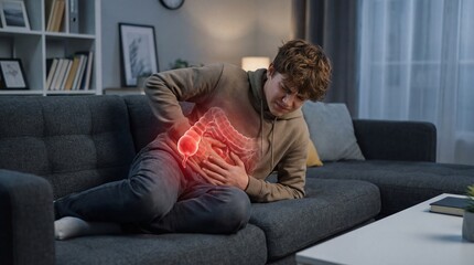 Obraz premium Man experiencing severe abdominal pain with an illuminated colon overlay. Concept of digestive health issues, stomach ache, and appendicitis for medical illustration.
