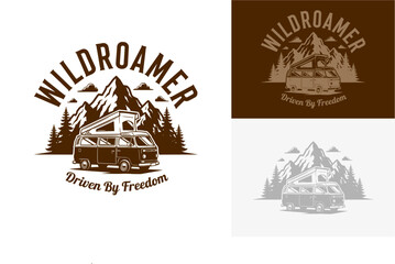 A camper van surrounded by mountains and trees, with the words Wildroamer and Driven By Freedom, vector illustration on various backgrounds
