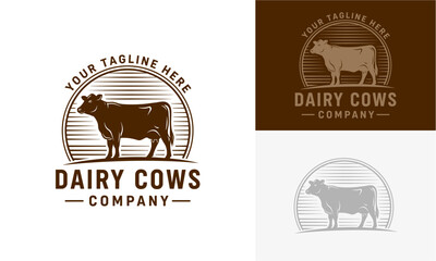 Dairy cows company logos showcasing various cow illustrations in circular frames with taglines and text