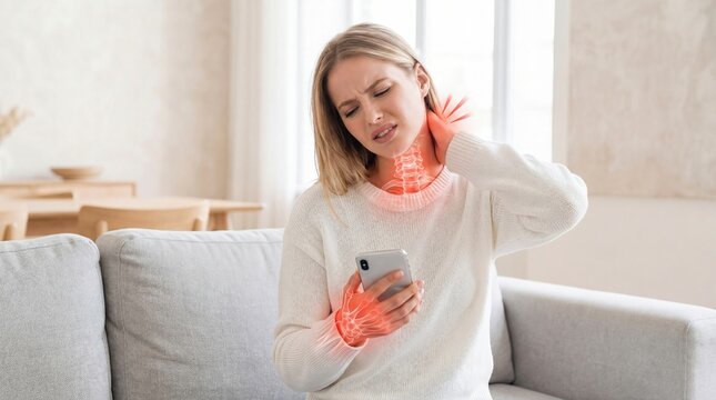 Woman holding phone experiencing neck and wrist pain. Text neck and repetitive strain injury concept from smartphone overusage for healthcare.