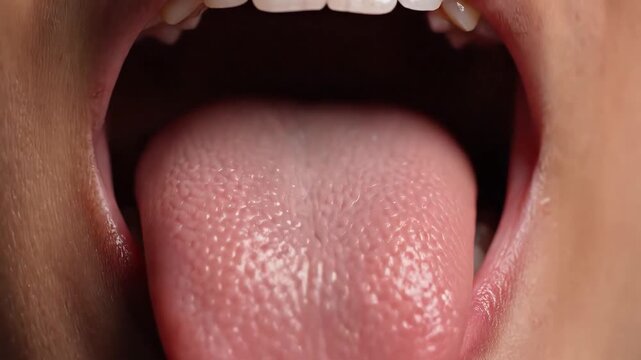 Extreme Close Up of a Healthy Pink Tongue Sticking Out of an Open Mouth with Visible Teeth and Gums.