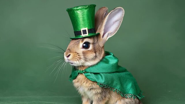Cute brown rabbit wearing a green leprechaun costume for a st patrick's day celebration. Whimsical pet portrait with a festive irish theme on a wide panoramic banner