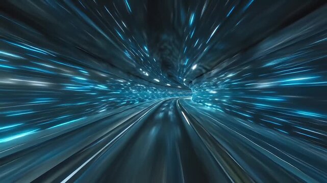 Futuristic high speed data tunnel, glowing blue light streaks in motion, hyper speed digital corridor for technology and science concepts