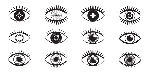 Mystical eye icon set in flat black vector style for spiritual and magic graphic design art © Joynab
