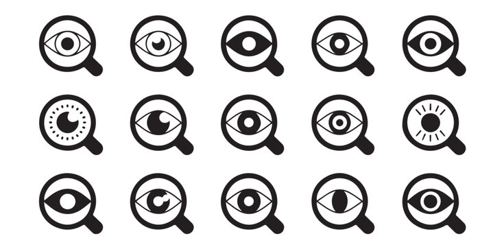 Magnifying glass eye icons for search find and discovery concepts in black vector graphics