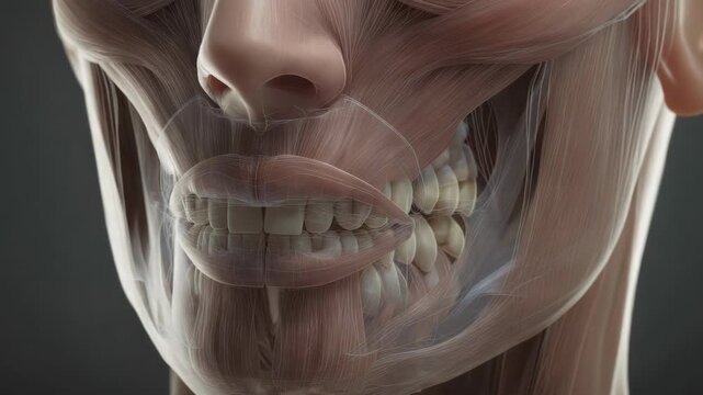 Detailed 3D anatomical illustration of human facial muscles and teeth