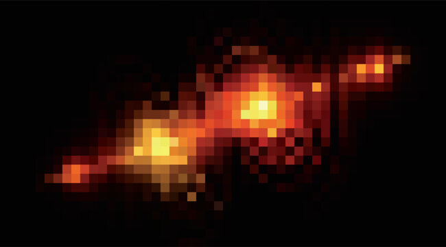 Abstract pixelated galaxy with vibrant orange and yellow glowing light in dark space for digital background