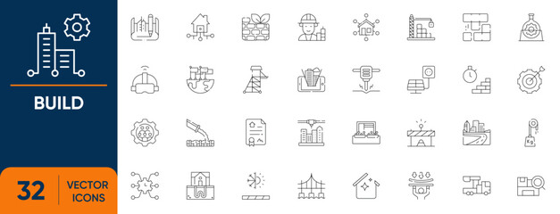 Build icon set. Containing construction, contractor, builder, renovation, foundation, engineering and more. Editable vector line icons collection. © stock icon