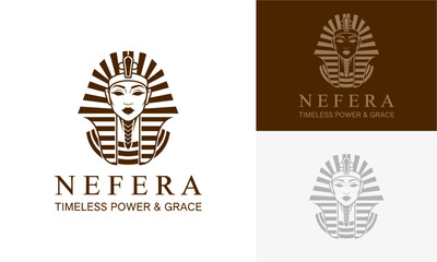 Ancient Egyptian Queen Nefera illustrated in various logo designs showcasing timeless power and elegance from different viewpoints