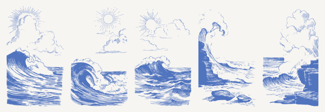 Ocean waves clouds sun surf power nature. Hand drawn crayon vintage sketch drawing line art. Dynamic sea breakers and foam for marine posters, summer travel and coastal backgrounds.