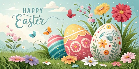Happy Easter spring landscape with decorated eggs flowers and meadow scene.