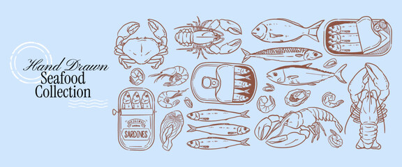 Crayon doodle seafood collection with Mediterranean fish, crab and lobster. Hand drawn ink food illustration for restaurant menu, packaging. Vintage whimsical clip art in sketch style. © Alena creator