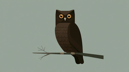 Brown owl perched on branch against green background