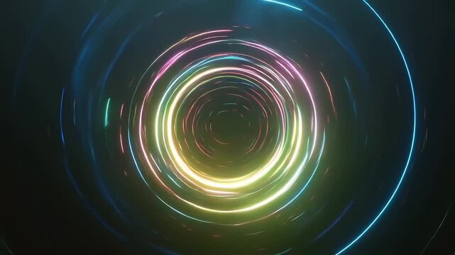 Futuristic neon light tunnel with glowing circular motion, abstract high speed data transfer background, vibrant energy vortex loop