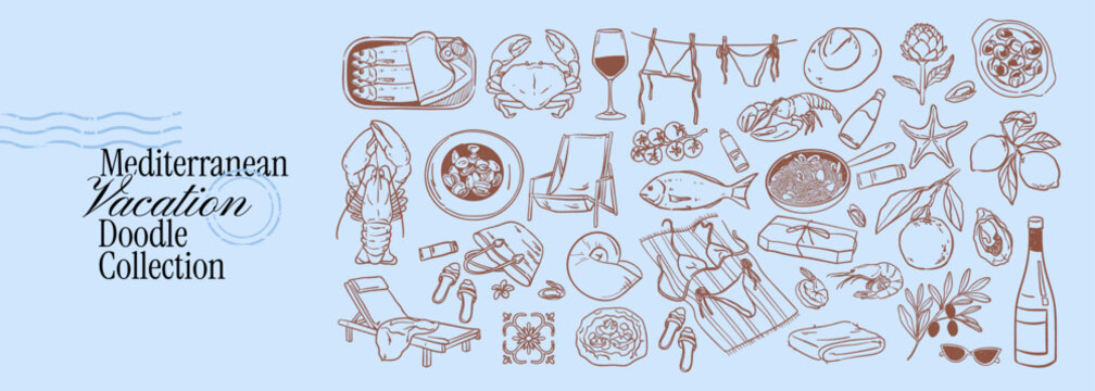 Mediterranean food doodle set. Crayon drawn seafood travel icons.Summer elements fish, wine, crab, lemons, pasta.Sketch dinner picnic prints. Vintage blue lunch drawing for menu, wedding invitations.