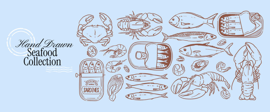 Crayon doodle seafood collection with Mediterranean fish, crab and lobster. Hand drawn ink food illustration for restaurant menu, packaging. Vintage whimsical clip art in sketch style.