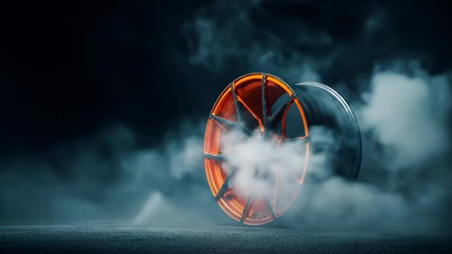 Dramatic wheel rolling through smoke with orange and black tones