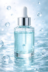 Naklejka premium Hydrating serum dropper bottle surrounded by floating water bubbles, fresh skincare concept with clear liquid and blue tones, modern beauty product with purity, glow and clean aesthetic