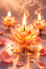 Melting flower candle with glowing flame and dripping wax, romantic floral candlelight scene with soft smoke, warm golden tones and delicate petals in dreamy artistic composition