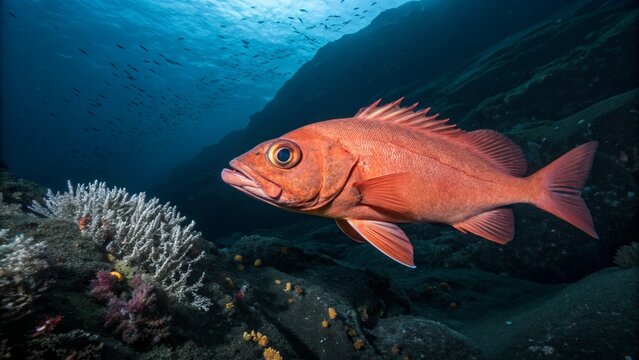 Deep-sea photograph of a bright orange Orange Roughy (Hoplostethus atlanticus) swimming near a cold-water coral reef on a seamount.