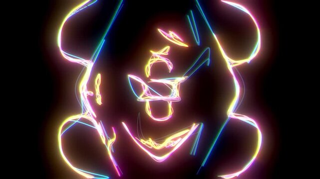 Lines neon multicolor glitch pattern on dark background with mirrored symmetry, dense signal distortion, visible pixel noise, color separation, chromatic aberration, warped line paths, interference