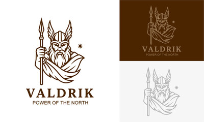 Viking warrior emblem illustration, symbolizing Nordic power and strength with spear and helmet, monochrome and brown tones