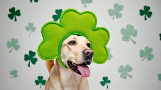 Happy labrador retriever dog wearing a funny green shamrock hat for a st. Patrick's day celebration. Festive pet portrait sequence for a seasonal holiday greeting or wide web banner