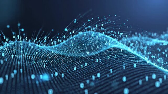 Abstract digital data wave with binary code particles