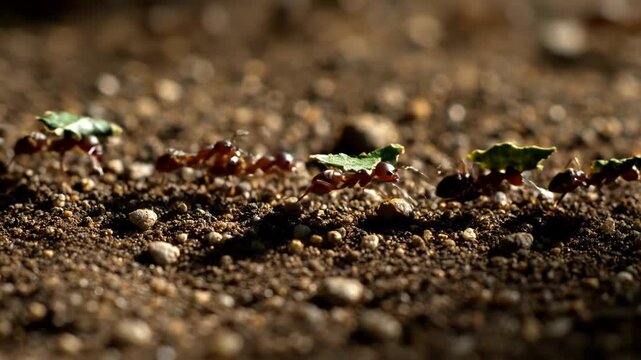 A line of ants carrying leaves across the ground.