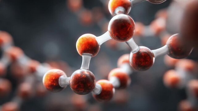 Abstract 3D rendering of a molecular structure with red atoms and white bonds