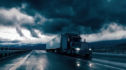 Semi truck driving on road under dramatic cloudy sky transportation concept