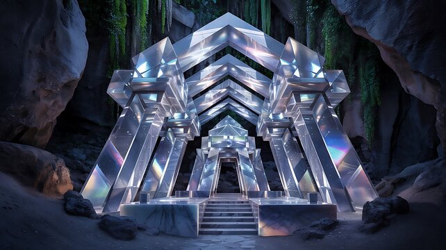 Dazzling Crystal Cave Entrance with Reflective Arches and Sparkling Light