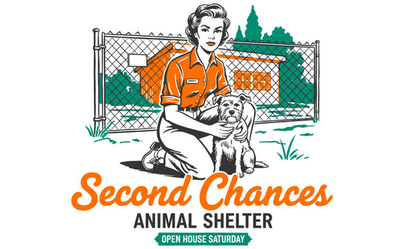 Second Chances Animal Shelter Open House. Retro illustration of woman with dog, promoting pet adoption & rescue. Vintage design.