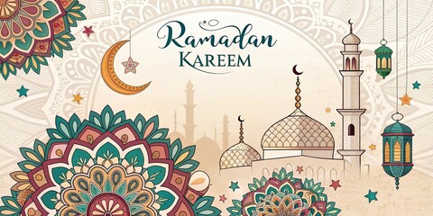 Ramadan Kareem Islamic greeting card with mosque crescent moon lantern and ornamental mandala pattern