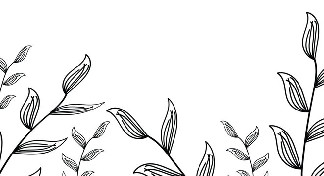 Botanical line art leaves border minimal floral background, Hand drawn leaf branches frame elegant nature outline design, Minimal black leaf line border botanical corner illustration