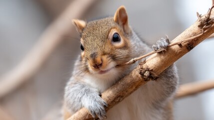Fototapeta premium Squirrel Clutching Branch Amid Gusty Windstorm in Neutral Tones