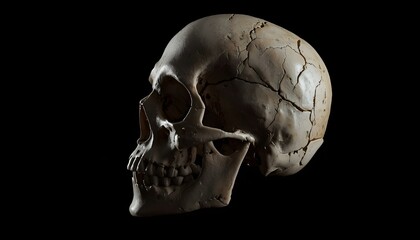 A cracked human skull against a dark background