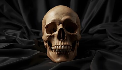 Fototapeta premium A human skull sits on a dark, luxurious fabric background, exuding a sense of mystery and intrigue.