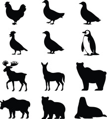 Fototapeta premium Animal silhouette icons set – Farm, Wild and Marine animals vector 