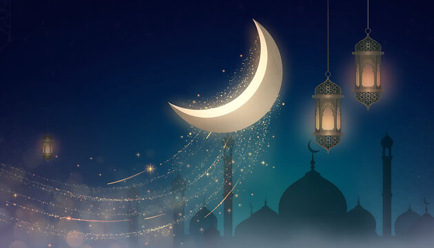 Crescent Moon in Dark Night Sky.