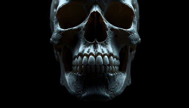 A close-up of a human skull on a dark background