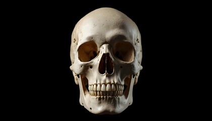 Obraz premium A human skull is shown against a black background in a close-up view.