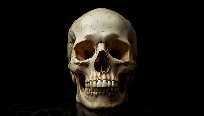 Fototapeta premium A human skull sits alone on a dark background, illuminated by a single light source.