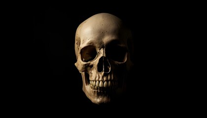 Obraz premium A human skull is shown in a dark and dramatic setting with a single light source